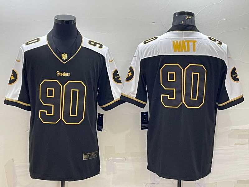 Men%27s Pittsburgh Steelers #90 TJ Watt Black Gold Thanksgiving Vapor Untouchable Limited Stitched Jersey